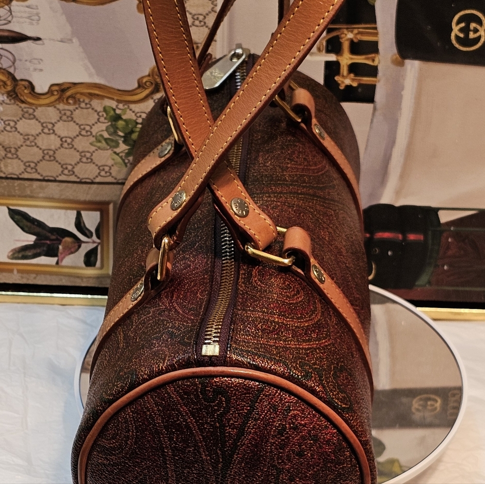 Etro Paisley Brown Embossed Leather Small Barrel Bag - Picture 12 of 16
